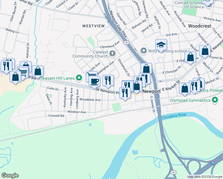 map of restaurants, bars, coffee shops, grocery stores, and more near 503 West Newport Pike in Wilmington