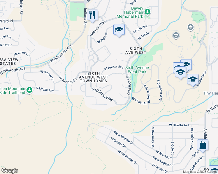 map of restaurants, bars, coffee shops, grocery stores, and more near 168 South Holman Way in Golden