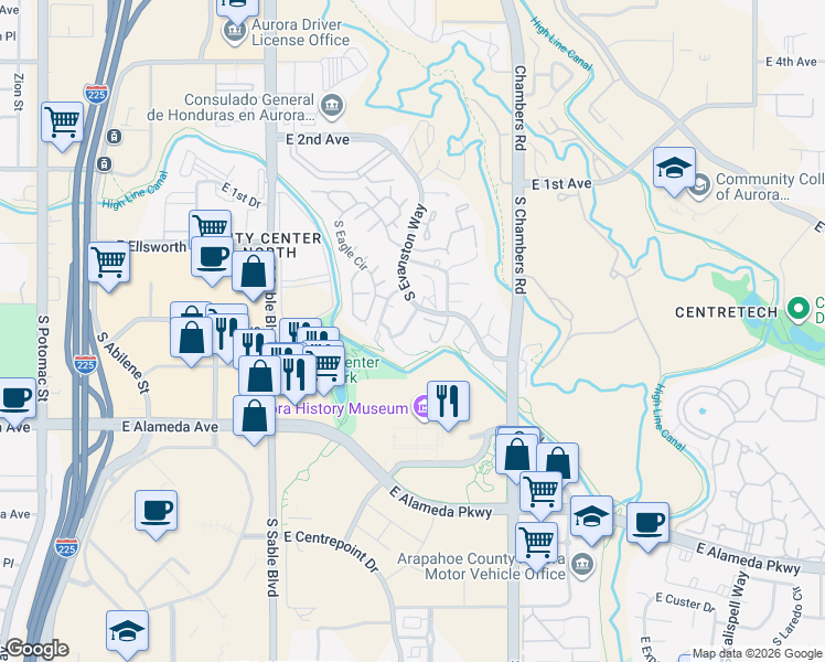 map of restaurants, bars, coffee shops, grocery stores, and more near 122 South Altura Court in Aurora