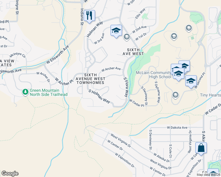 map of restaurants, bars, coffee shops, grocery stores, and more near 168 South Holman Way in Golden