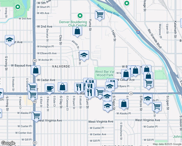 map of restaurants, bars, coffee shops, grocery stores, and more near 2355 West Cedar Avenue in Denver