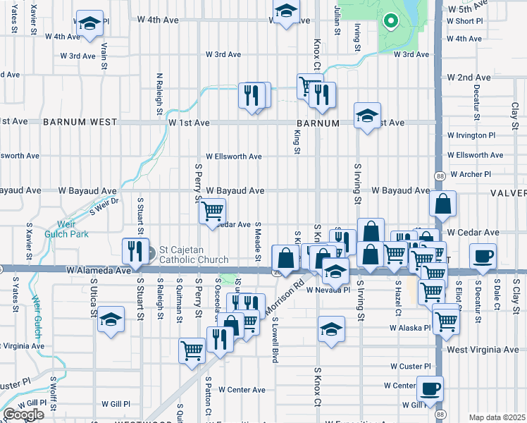 map of restaurants, bars, coffee shops, grocery stores, and more near 152 South Meade Street in Denver