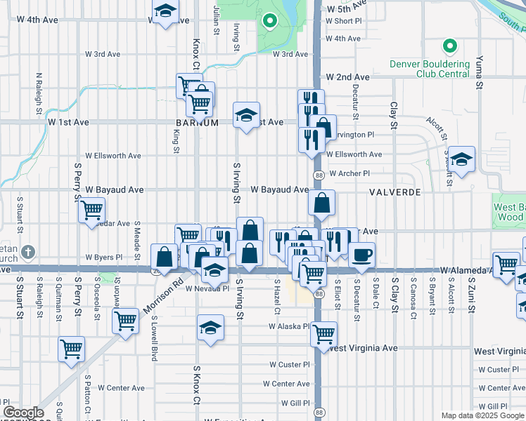 map of restaurants, bars, coffee shops, grocery stores, and more near 150 South Hooker Street in Denver