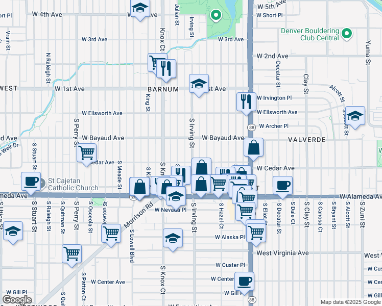 map of restaurants, bars, coffee shops, grocery stores, and more near 151 South Irving Street in Denver