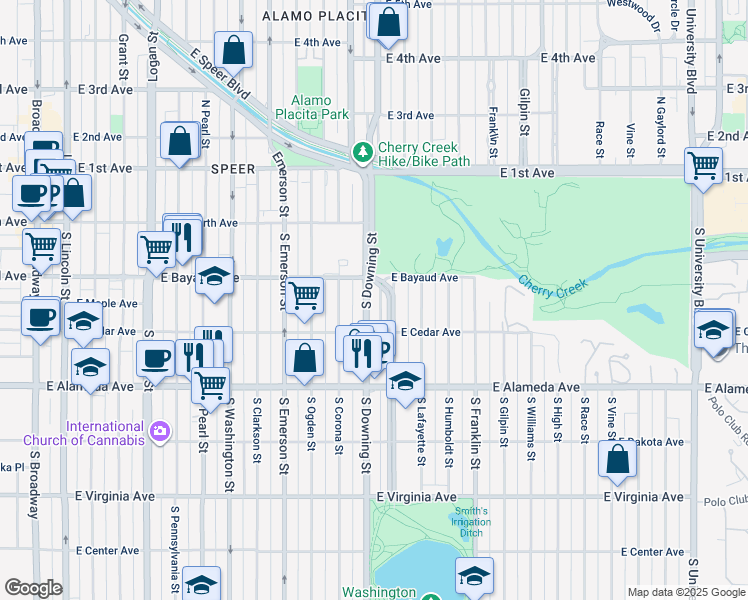 map of restaurants, bars, coffee shops, grocery stores, and more near 138 South Downing Street in Denver