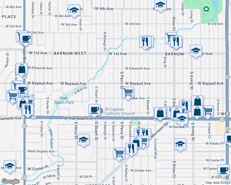 map of restaurants, bars, coffee shops, grocery stores, and more near 154 South Quitman Street in Denver