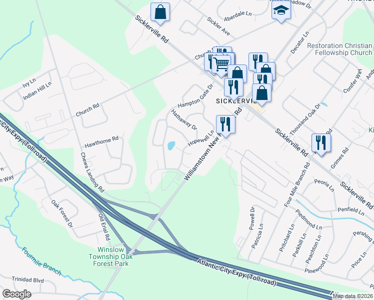 map of restaurants, bars, coffee shops, grocery stores, and more near 1 Hickory Court in Winslow Township