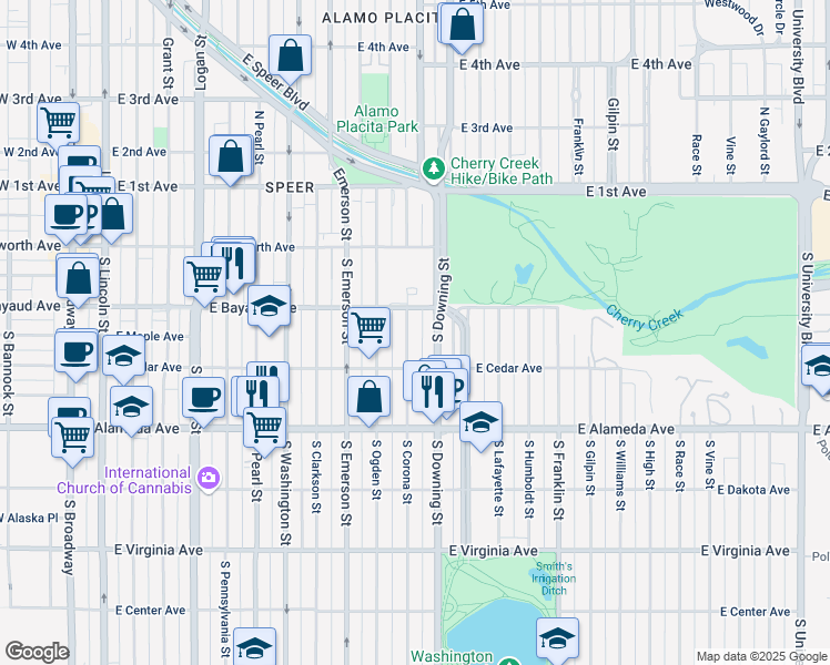 map of restaurants, bars, coffee shops, grocery stores, and more near 138 South Corona Street in Denver