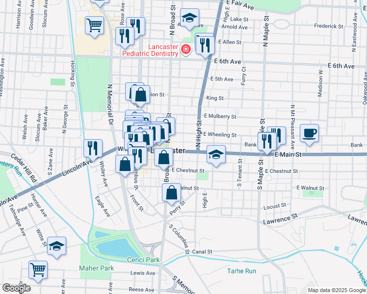 map of restaurants, bars, coffee shops, grocery stores, and more near 137 East Main Street in Lancaster