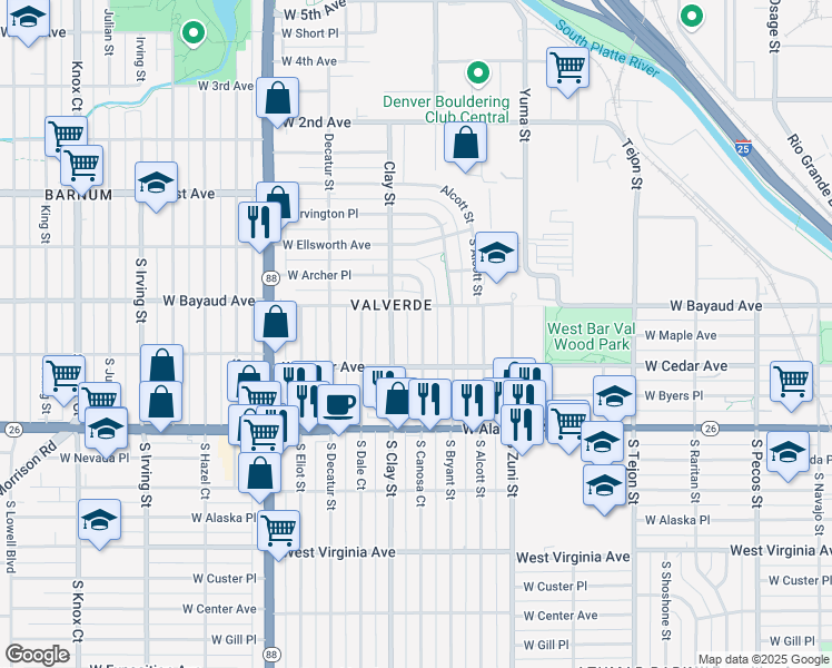 map of restaurants, bars, coffee shops, grocery stores, and more near 147 South Canosa Court in Denver