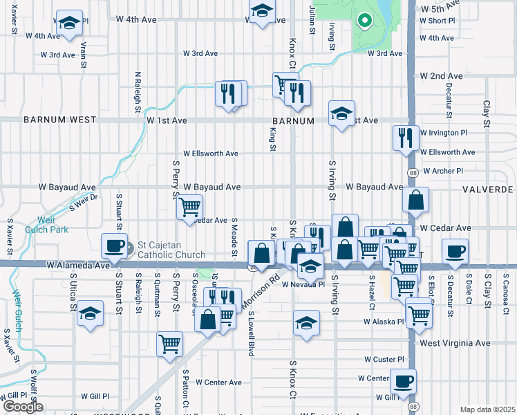 map of restaurants, bars, coffee shops, grocery stores, and more near 150 South Lowell Boulevard in Denver