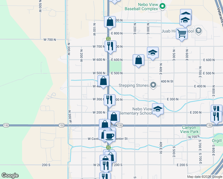 map of restaurants, bars, coffee shops, grocery stores, and more near 380 North Main Street in Nephi