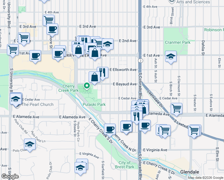 map of restaurants, bars, coffee shops, grocery stores, and more near 128 South Monroe Street in Denver