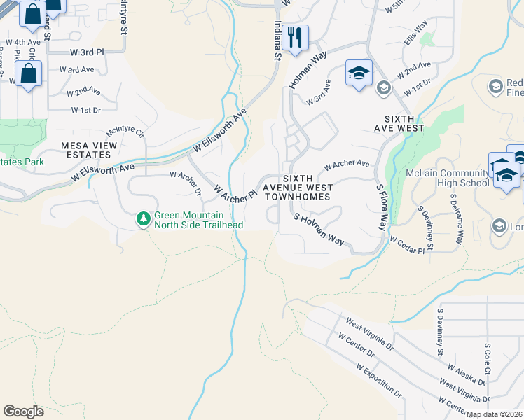 map of restaurants, bars, coffee shops, grocery stores, and more near 133 South Indiana Way in Golden