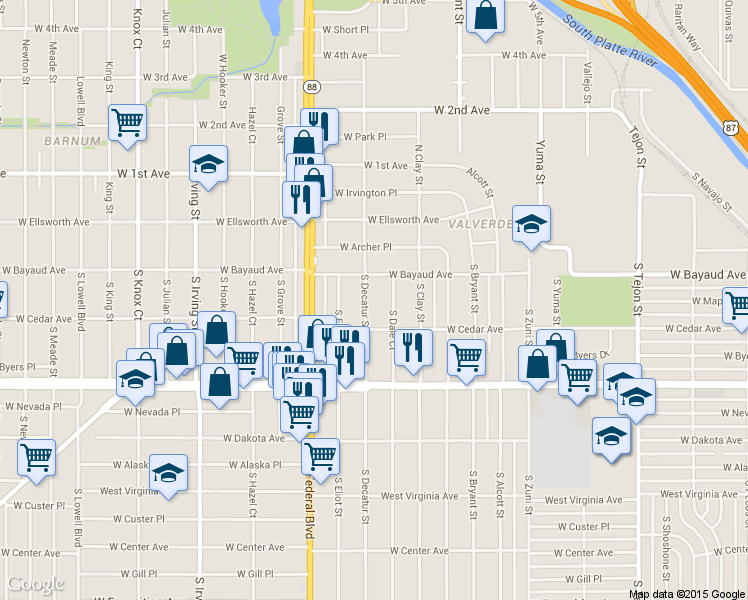 map of restaurants, bars, coffee shops, grocery stores, and more near 144 South Decatur Street in Denver