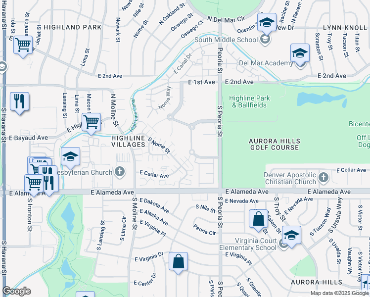 map of restaurants, bars, coffee shops, grocery stores, and more near 11850 East Maple Avenue in Aurora