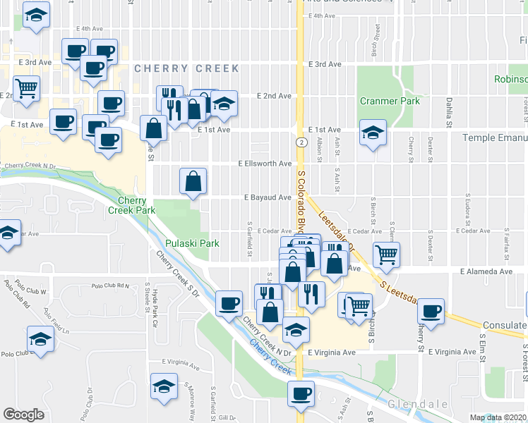 map of restaurants, bars, coffee shops, grocery stores, and more near 133 South Jackson Street in Denver