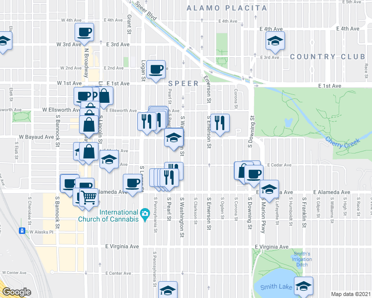 map of restaurants, bars, coffee shops, grocery stores, and more near 140 South Washington Street in Denver