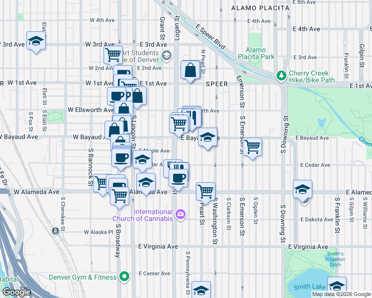 map of restaurants, bars, coffee shops, grocery stores, and more near 137 South Pennsylvania Street in Denver