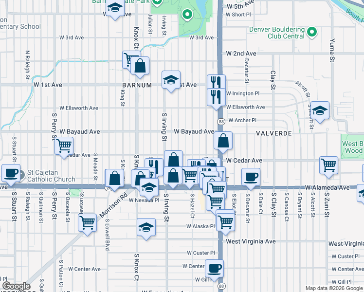 map of restaurants, bars, coffee shops, grocery stores, and more near 150 South Hooker Street in Denver