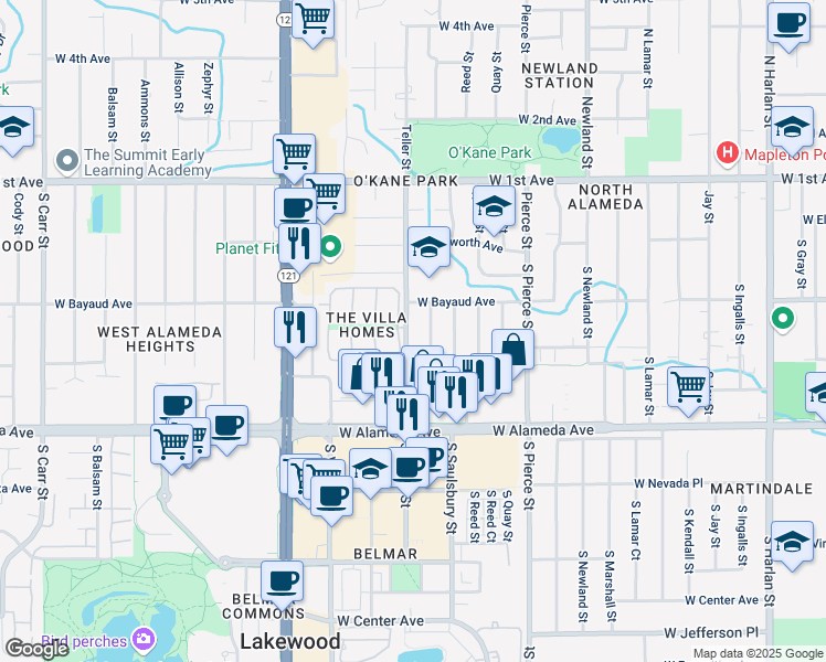 map of restaurants, bars, coffee shops, grocery stores, and more near 146 South Teller Street in Lakewood