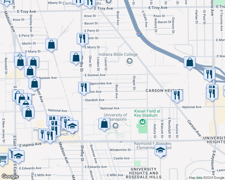 map of restaurants, bars, coffee shops, grocery stores, and more near 1338 Norton Avenue in Indianapolis