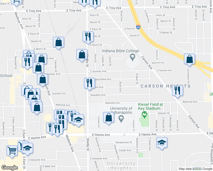 map of restaurants, bars, coffee shops, grocery stores, and more near 1316 Norton Avenue in Indianapolis