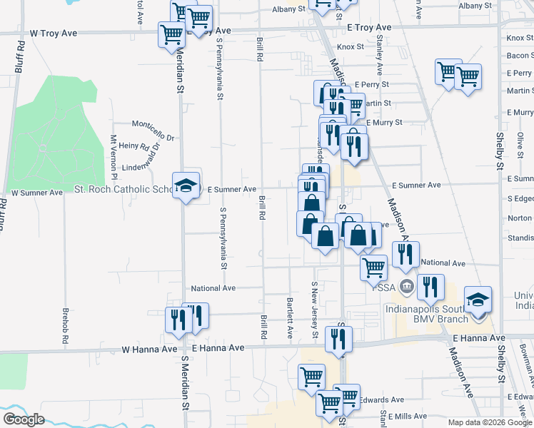 map of restaurants, bars, coffee shops, grocery stores, and more near 3624 Brill Road in Indianapolis