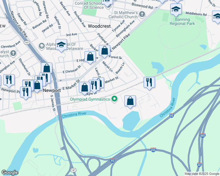 map of restaurants, bars, coffee shops, grocery stores, and more near 1505 East Ayre Street in Wilmington