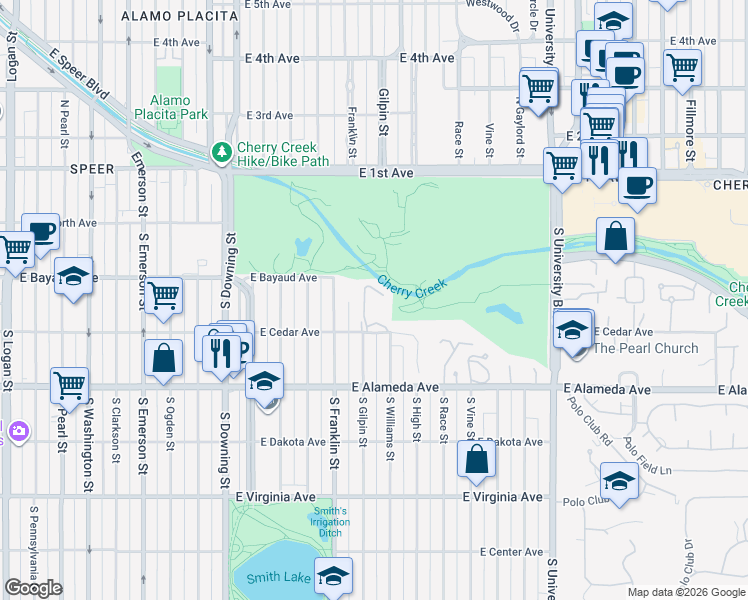 map of restaurants, bars, coffee shops, grocery stores, and more near 1699 East Cedar Avenue in Denver
