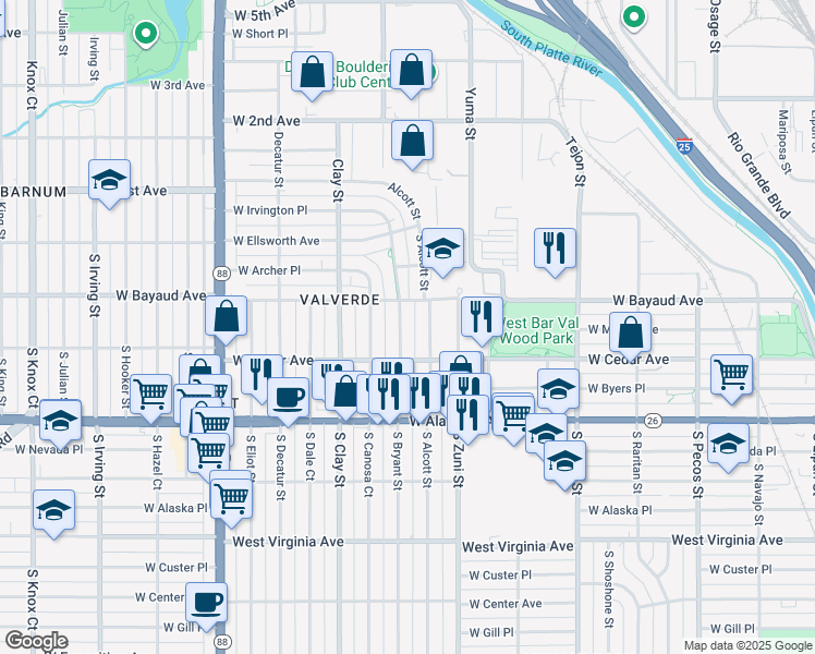 map of restaurants, bars, coffee shops, grocery stores, and more near 140 South Bryant Street in Denver
