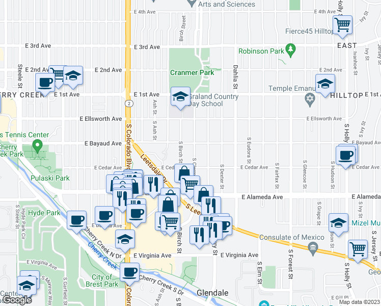 map of restaurants, bars, coffee shops, grocery stores, and more near 121 South Clermont Street in Denver