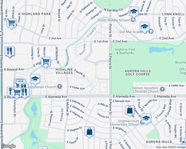 map of restaurants, bars, coffee shops, grocery stores, and more near 11850 East Maple Avenue in Aurora