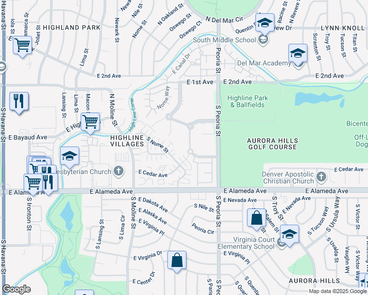 map of restaurants, bars, coffee shops, grocery stores, and more near 11850 East Maple Avenue in Aurora