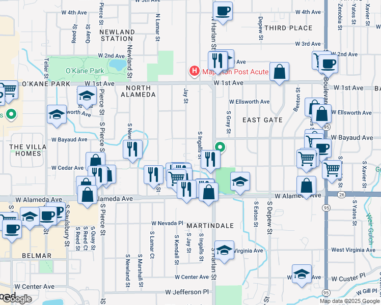 map of restaurants, bars, coffee shops, grocery stores, and more near 130 South Jay Street in Lakewood