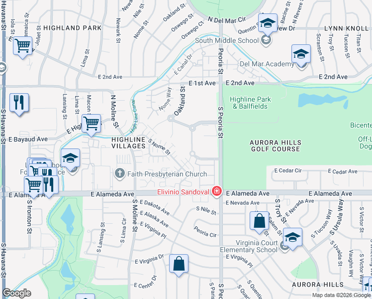map of restaurants, bars, coffee shops, grocery stores, and more near 11850 East Maple Avenue in Aurora