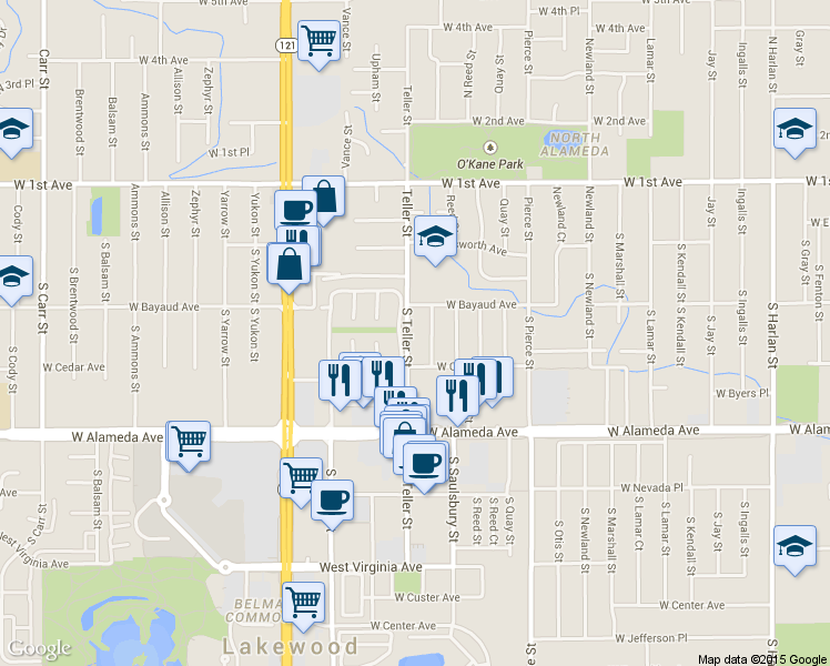 map of restaurants, bars, coffee shops, grocery stores, and more near 146 South Teller Street in Lakewood