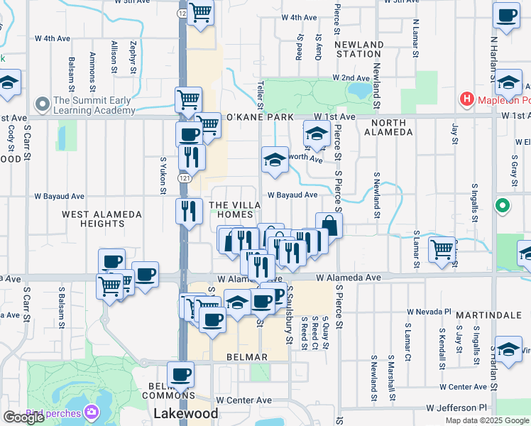 map of restaurants, bars, coffee shops, grocery stores, and more near 146 South Teller Street in Lakewood