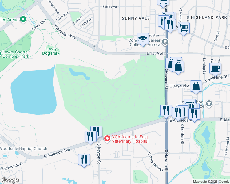 map of restaurants, bars, coffee shops, grocery stores, and more near 9899 East Alameda Avenue in Denver
