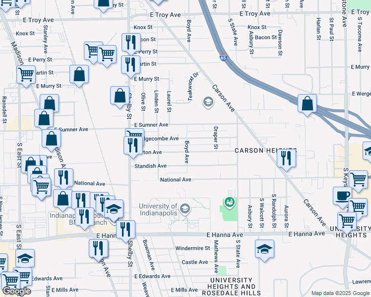 map of restaurants, bars, coffee shops, grocery stores, and more near 1338 Norton Avenue in Indianapolis