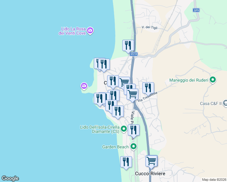 map of restaurants, bars, coffee shops, grocery stores, and more near 215 Via Vittorio Veneto in Cirella