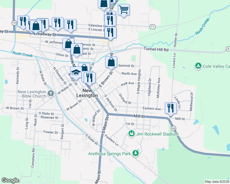 map of restaurants, bars, coffee shops, grocery stores, and more near 226 Park Avenue in New Lexington