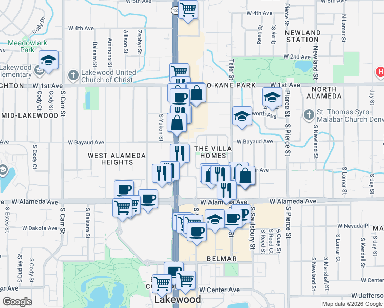 map of restaurants, bars, coffee shops, grocery stores, and more near 7472 West Cedar Circle in Lakewood