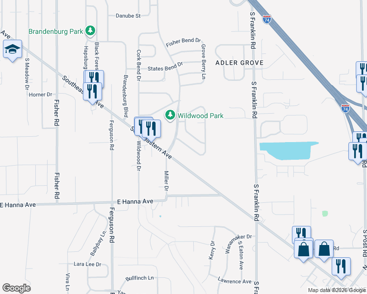 map of restaurants, bars, coffee shops, grocery stores, and more near 8105 Whistlewood Drive in Indianapolis