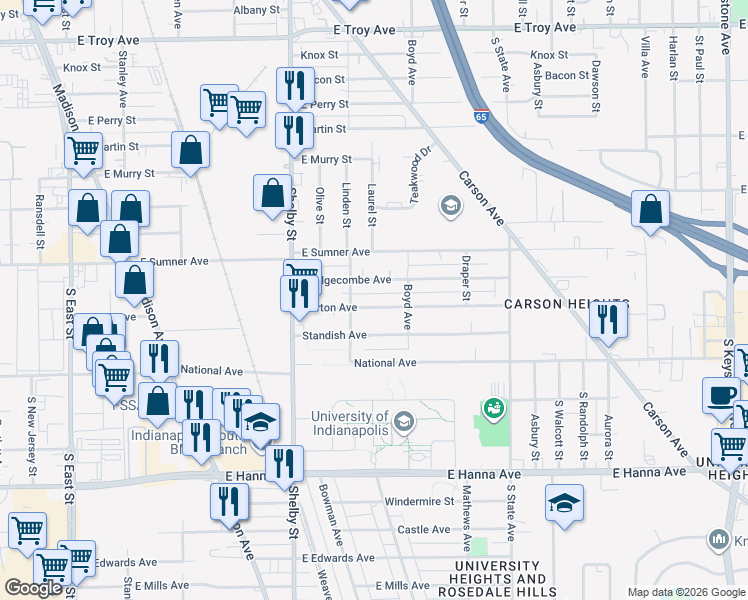 map of restaurants, bars, coffee shops, grocery stores, and more near 1316 Norton Ave in Indianapolis