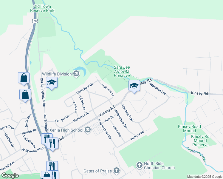 map of restaurants, bars, coffee shops, grocery stores, and more near 1092 Hillcrest Drive in Xenia