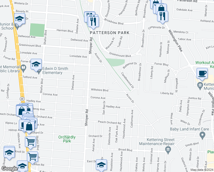 map of restaurants, bars, coffee shops, grocery stores, and more near 2358 San Rae Drive in Dayton