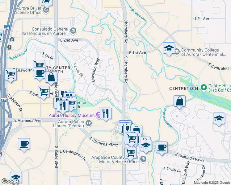 map of restaurants, bars, coffee shops, grocery stores, and more near 153 South Granby Court in Aurora