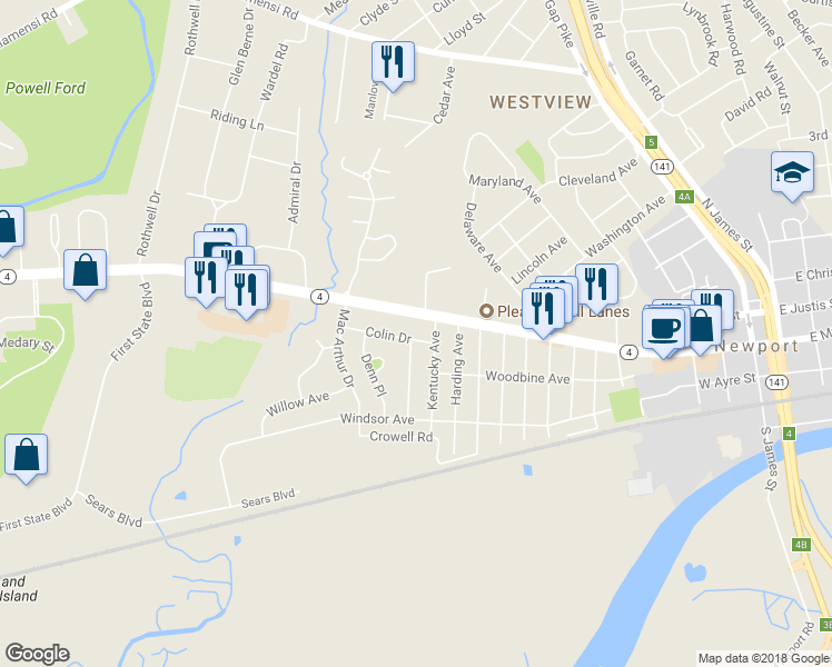 map of restaurants, bars, coffee shops, grocery stores, and more near 1303 Colin Drive in Wilmington