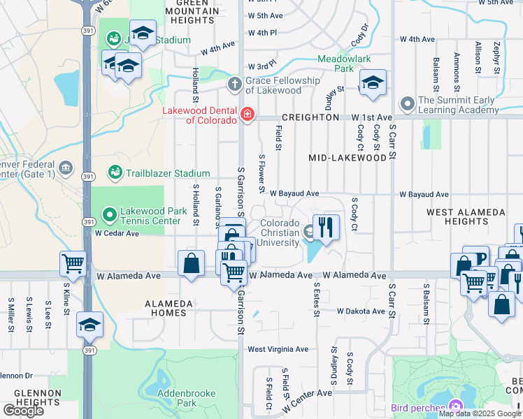map of restaurants, bars, coffee shops, grocery stores, and more near 9157 West Cedar Drive in Lakewood
